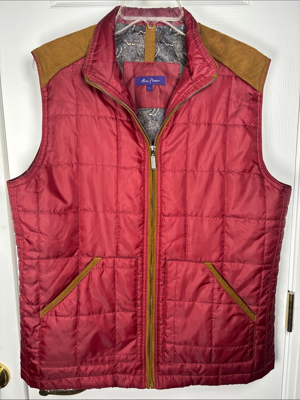 Alan Flusser Men’s Burgundy Puffer Vest with Corduroy Trim Size Large